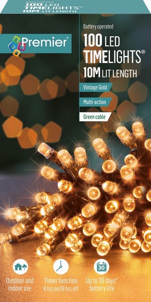 Premier – 100 LED Battery TimeLights Gold 10M