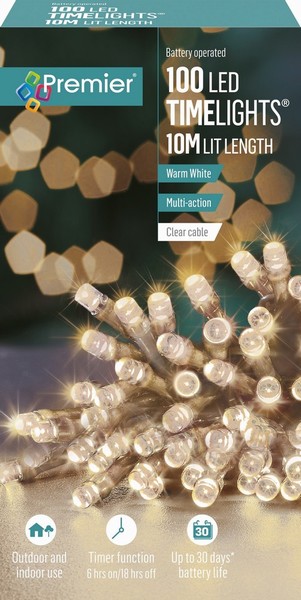 Premier – 100 LED Battery TimeLights Warm 10M (Clear Cable)