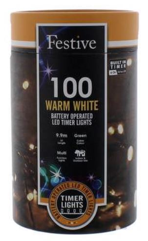 Battery Lights with Timer – 100 LED – Warm White