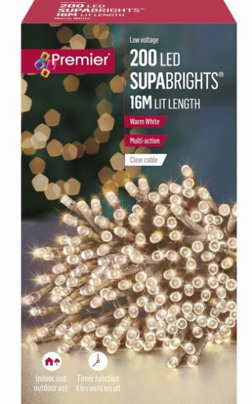 Premier – 200 LED SupaBrights Warm 28.7M (Clear Cable)