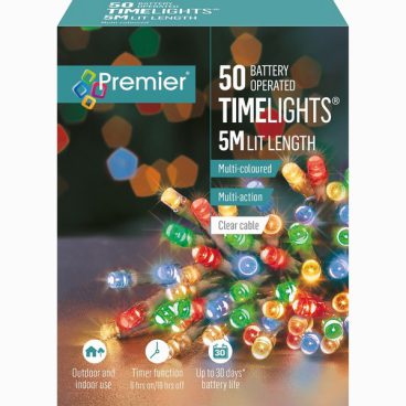 Premier – 50 LED Battery TimeLights Multi 5M (Clear Cable)