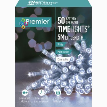 Premier – 50 LED Battery TimeLights White 5M (Clear Cable)