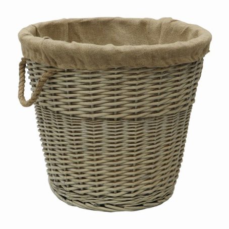 ANTIQUE WASH LINED ROUND LINED WICKER LOG BASKET*
