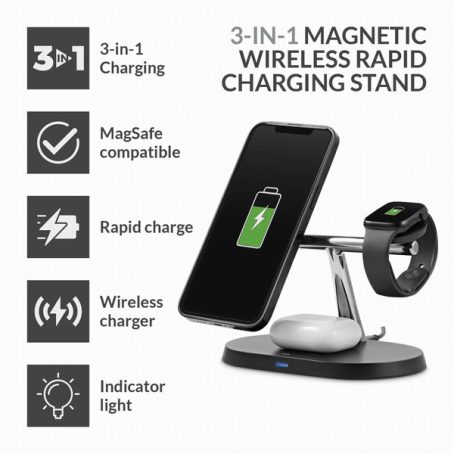 3 in 1 MagSafe 15W Wireless Rapid Charging Stand Black - Image 2