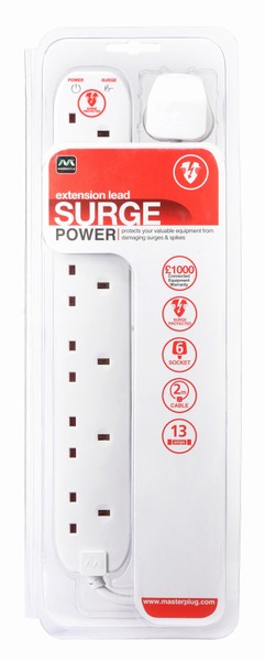 Masterplug – Surge Protected Extention Lead – 6Gang 2Metre 13Amp