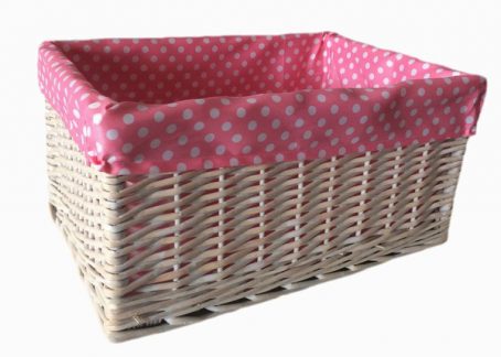 PINK SPOTTY STORAGE BASKET LINED LARGE*