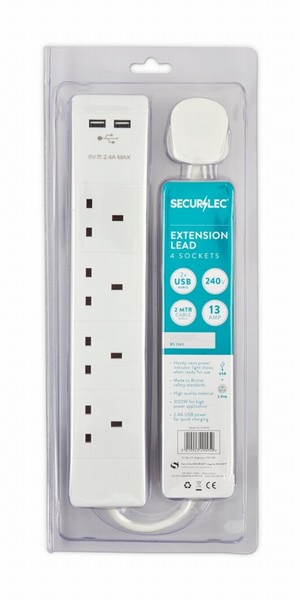 Seculec – USB Extention Lead – 4Gang 2Metre 13Amp