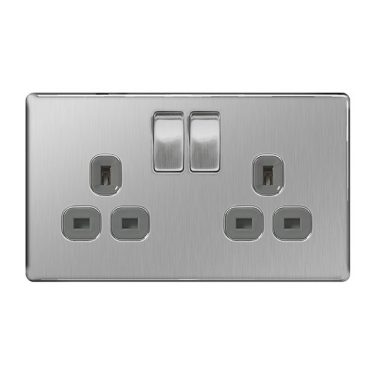 BG – Switched Socket Screwless – 2Gang Brushed Steel