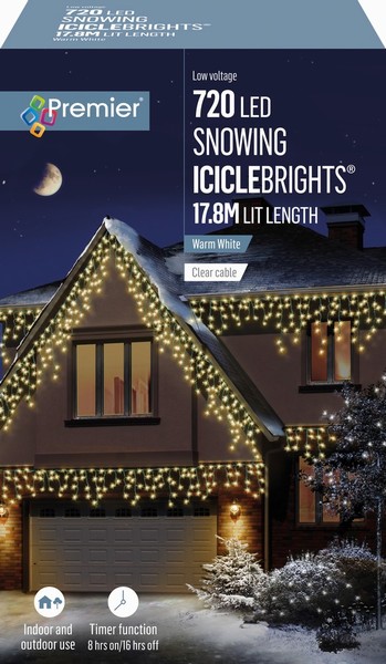 Premier – 720 LED Snowing Icicle Lights Warm 17.8M