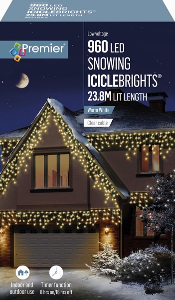Premier – 960 LED Snowing Icicle Lights Warm 23.8M