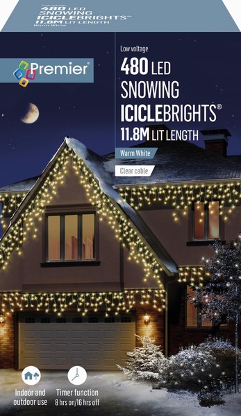 Premier – 480 LED Snowing Icicle Lights Warm 11.8M