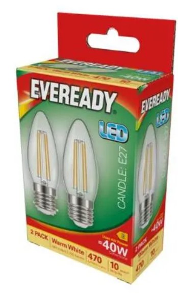 Eveready – Candle Clear Warm White 2Pack – 40W ES/E27