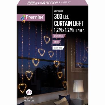 Premier – 303 LED Heart Curtain Lights Warm White 1.2M