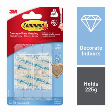 COMMAND MINI HOOKS CLEAR 6HOOKS 8STRIPS