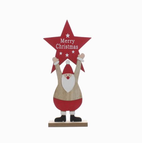 Festive - Wooden Santa Holding Merry Chriostmas Star - 25cm