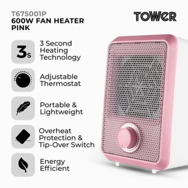 Tower 600W Fan Heater Pink