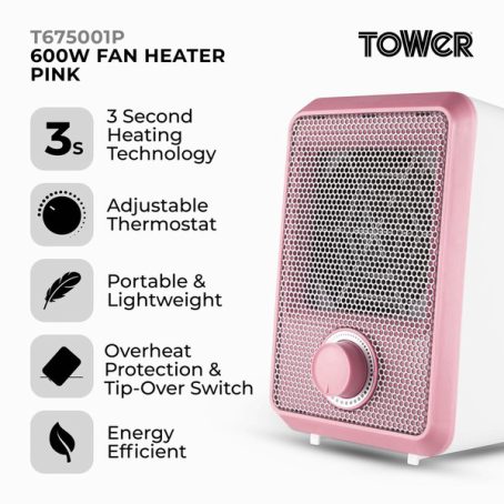 Tower 600W Fan Heater Pink