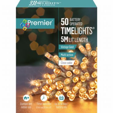 Premier – 50 LED Battery TimeLights Gold 5M (Clear Cable)
