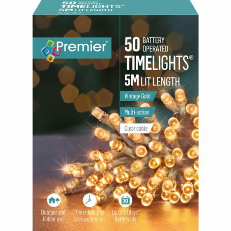 Premier - 50 LED Battery TimeLights Gold 5M (Clear Cable)