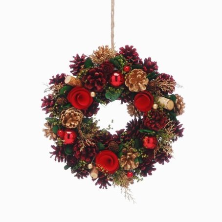 micaxmas25 WREATH BURGUNDY PINECONES 30CM