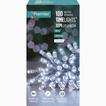 Premier – 100 LED Battery TimeLights White 10M (Clear Cable)