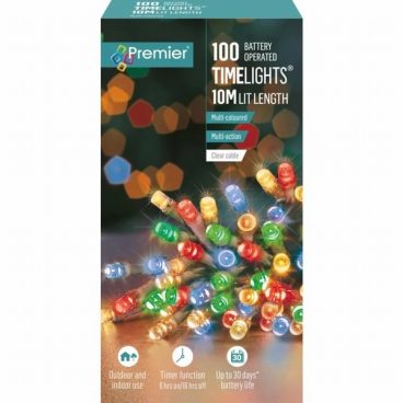 Premier – 100 LED Battery TimeLights Multi 10M (Clear Cable)