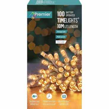 Premier – 100 LED Battery TimeLights Gold 10M (Clear Cable)