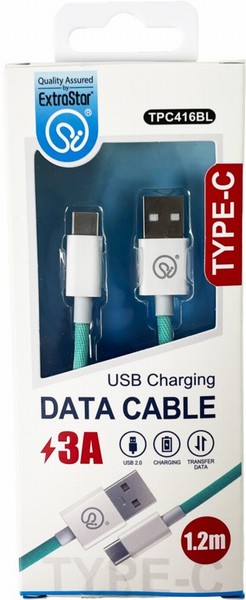 EXTRASTAR USB-C TO USB-A BRIADED BLUE CHARGING CABLE 1.2M 3A