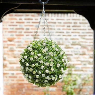 FAUX HANGING BALL WHITE ROSE 30CM