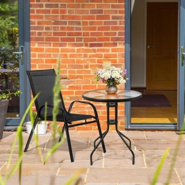 SUSSEX ROUND GLASS TOP GARDEN DINING TABLE – 60CM X 70CM – BLACK