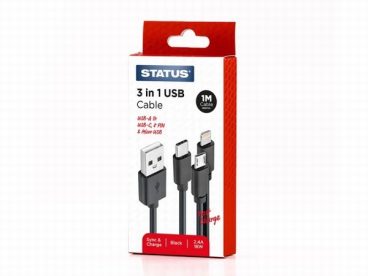 STATUS USB-A TO 3 IN 1 CABLE 1M 18W 2.4A BLACK