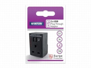 STATUS USB PLUG THRU TYPE-A  TWIN PLUG 12W 2.4A BLACK