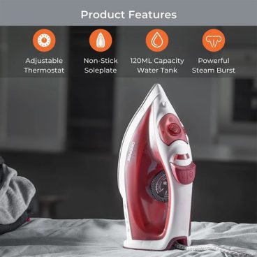 Red 1800W Non-Stick Steam Iron With Adjustable Temp